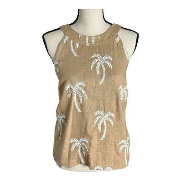 Ann Taylor Palm Embroidered Button Back Halter Tan Top, Size Large - Picture 1 of 16